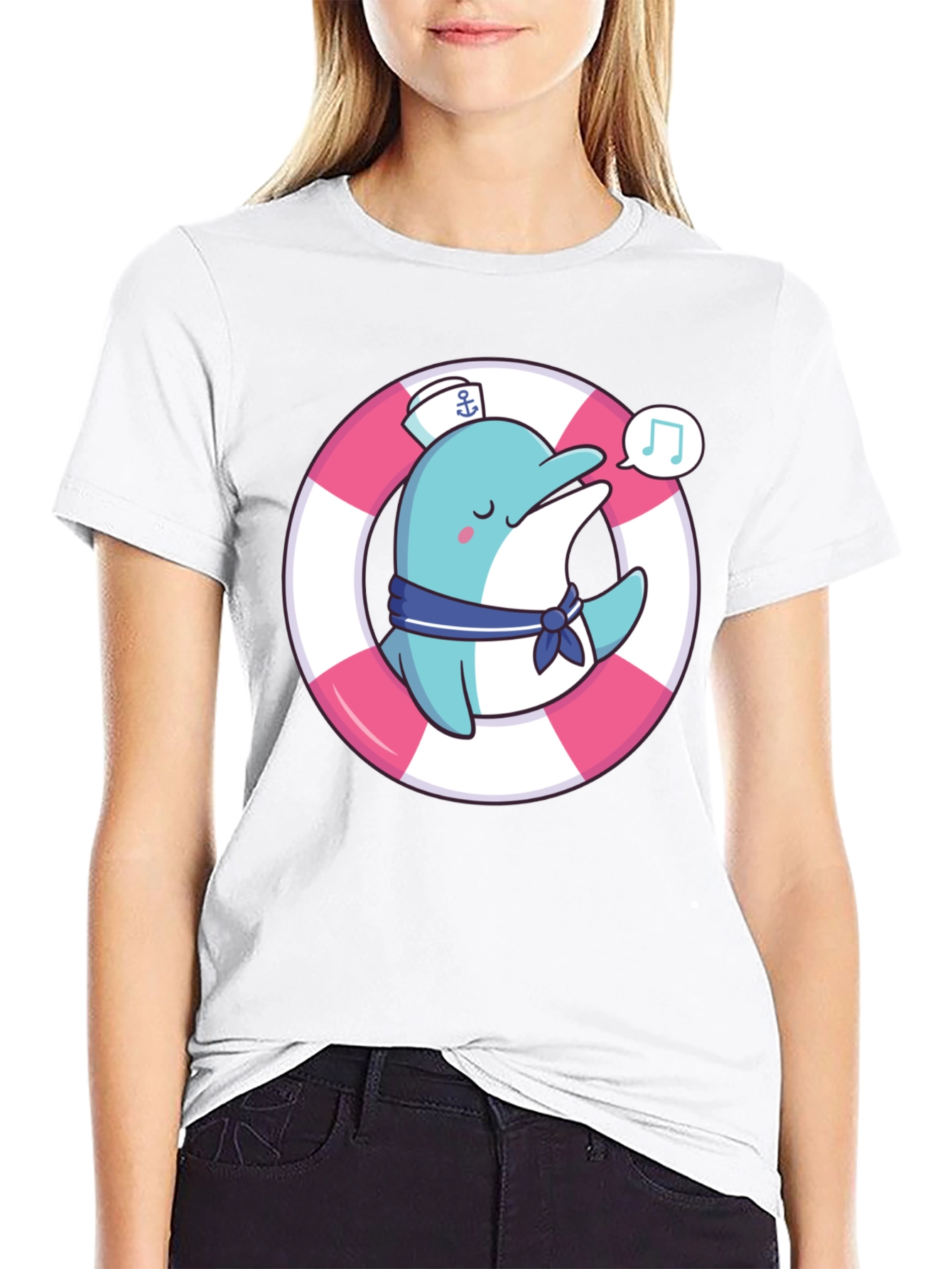 Cute Dolphin Sailor Graphic T-Shirt