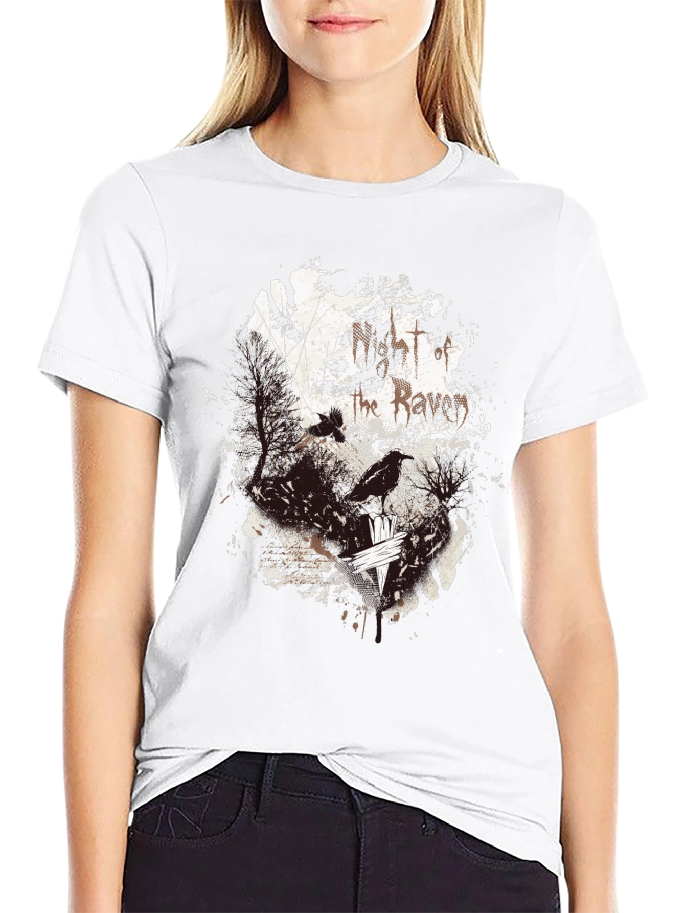 Raven Print Graphic Tee - Black