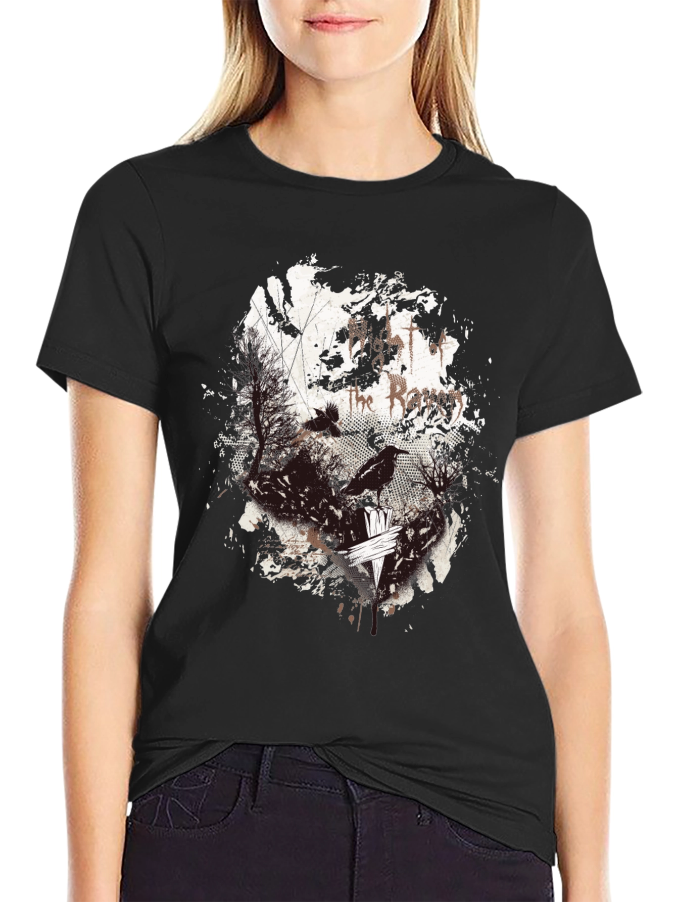 Raven Print Graphic Tee - Black