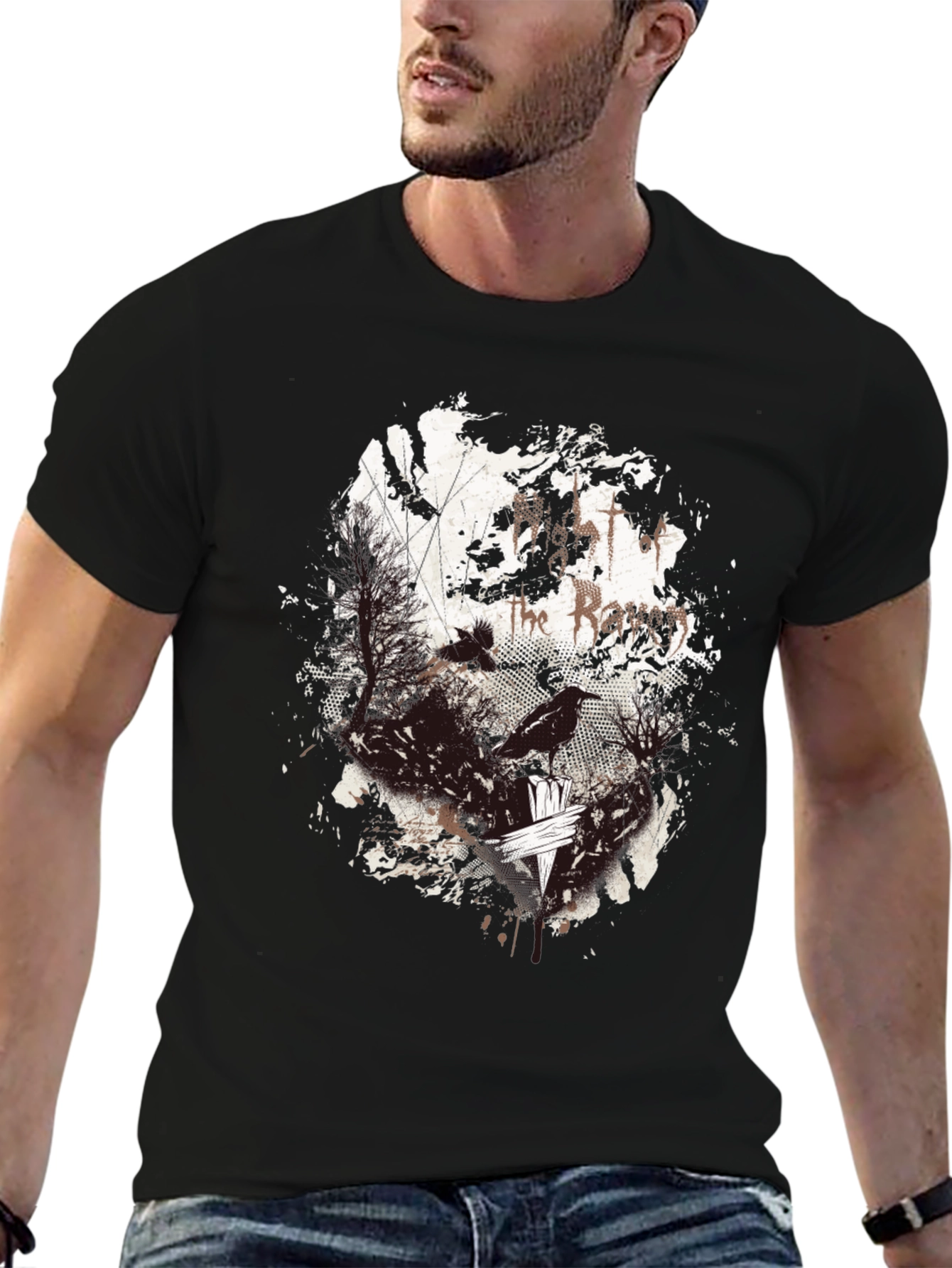 Raven Print Graphic Tee - Black