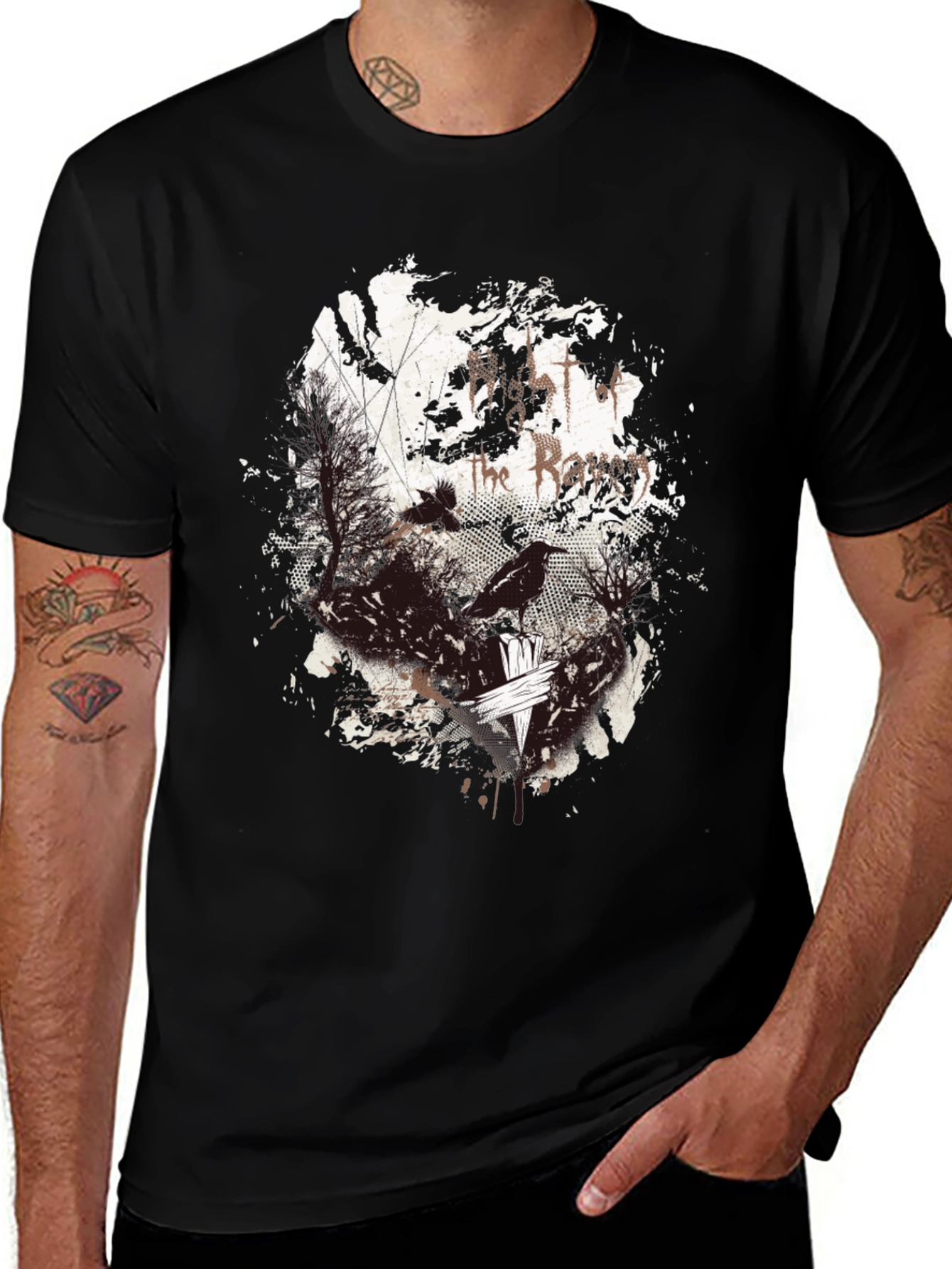 Raven Print Graphic Tee - Black