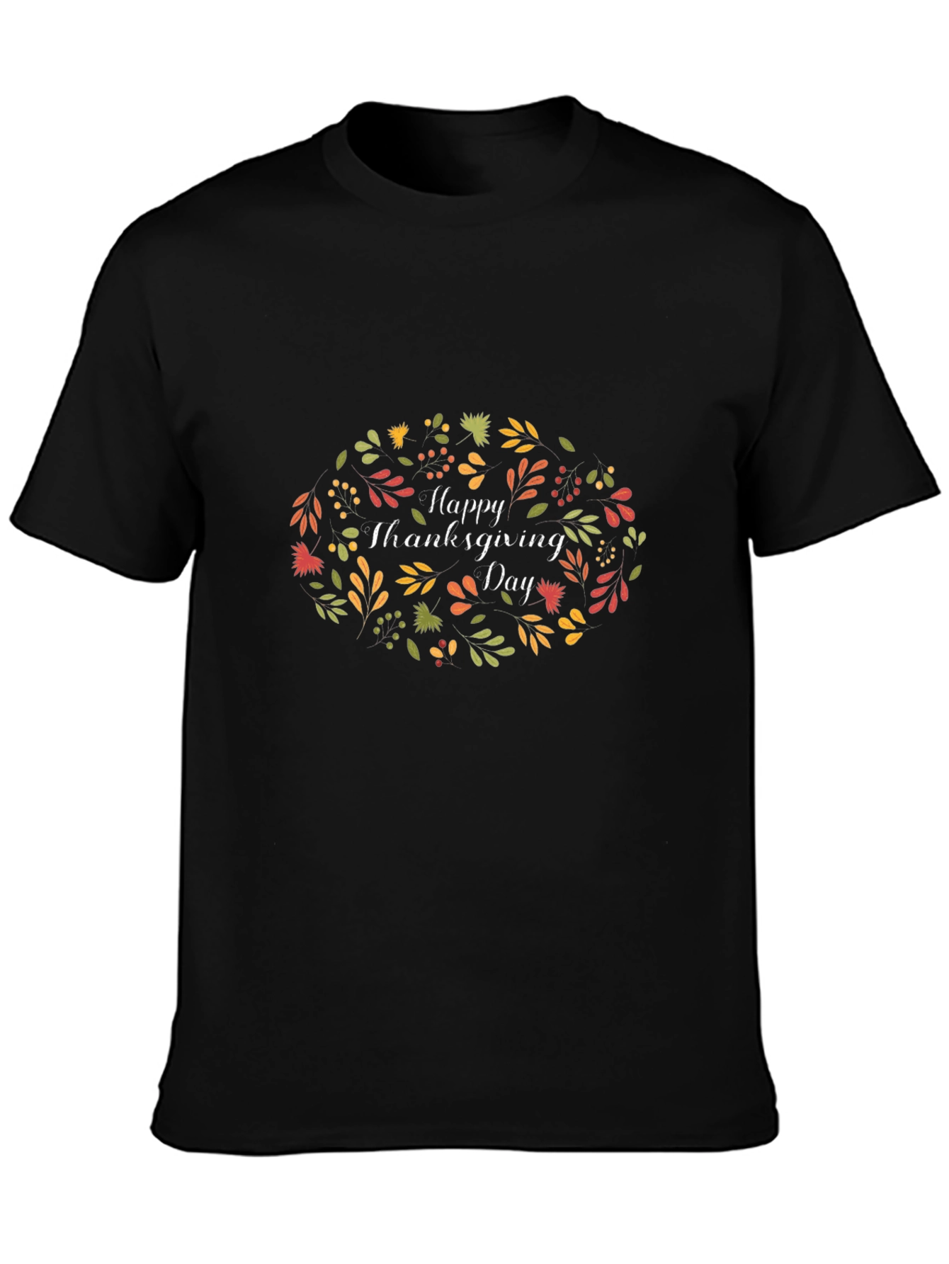 Happy Thanksgiving Day Floral Wreath Black T-Shirt