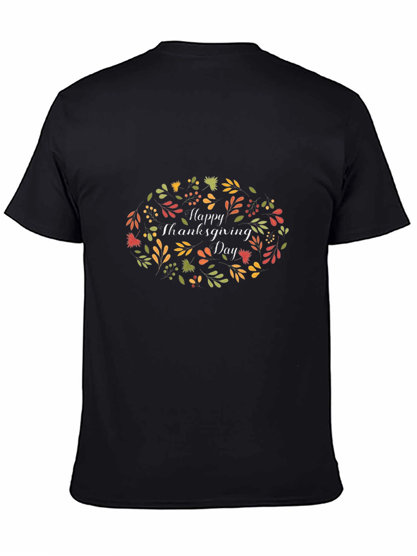 Happy Thanksgiving Day Floral Wreath Black T-Shirt