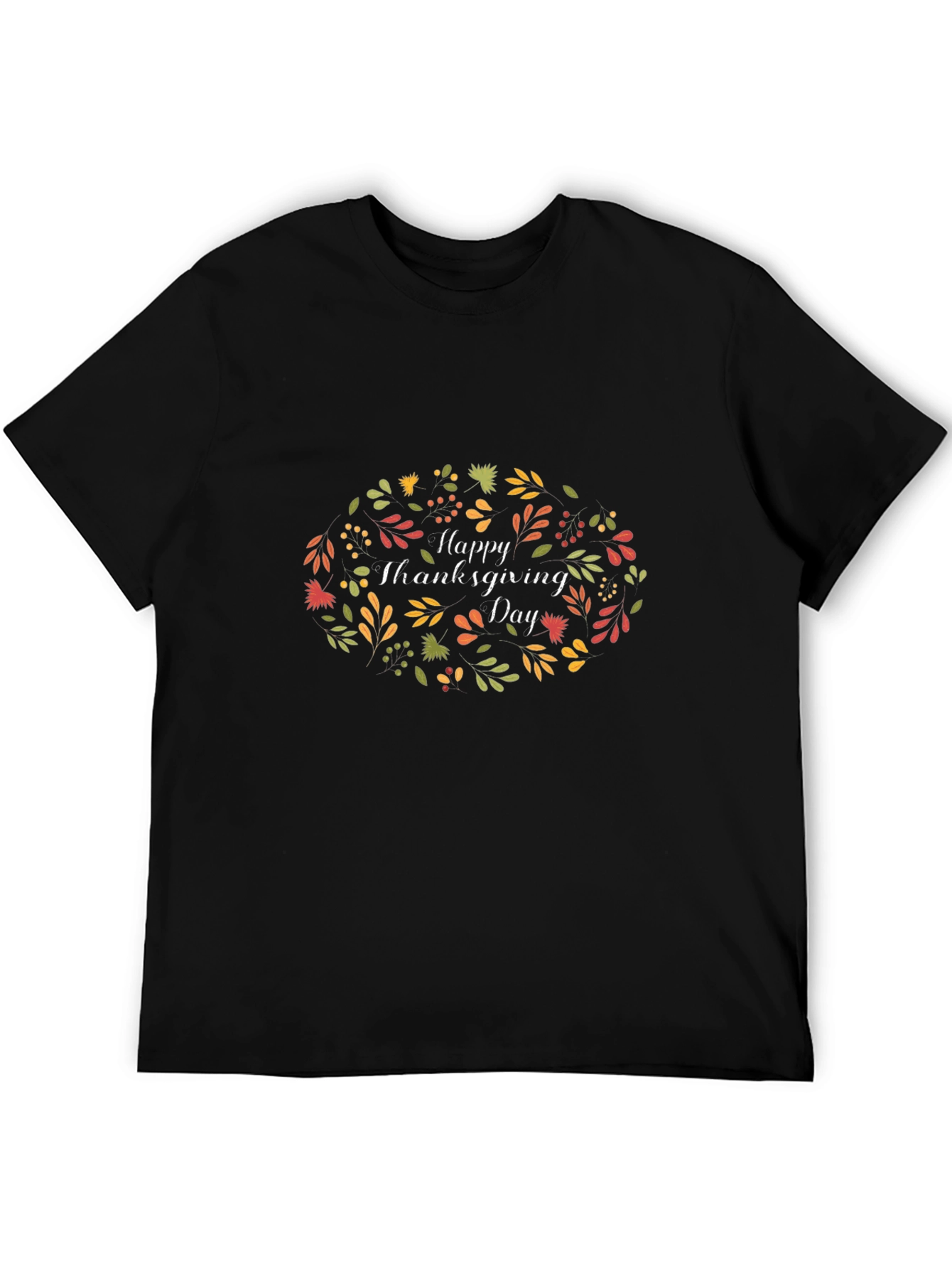 Happy Thanksgiving Day Floral Wreath Black T-Shirt