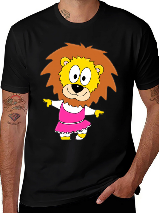 Cartoon Lion in Dress - Black T-Shirt