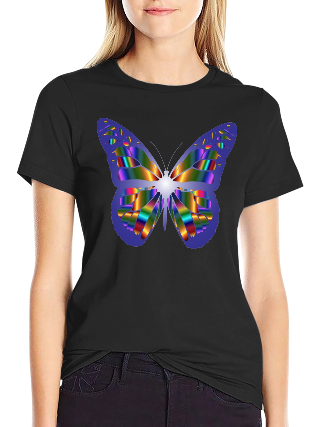 Rainbow Butterfly Graphic Black T-Shirt