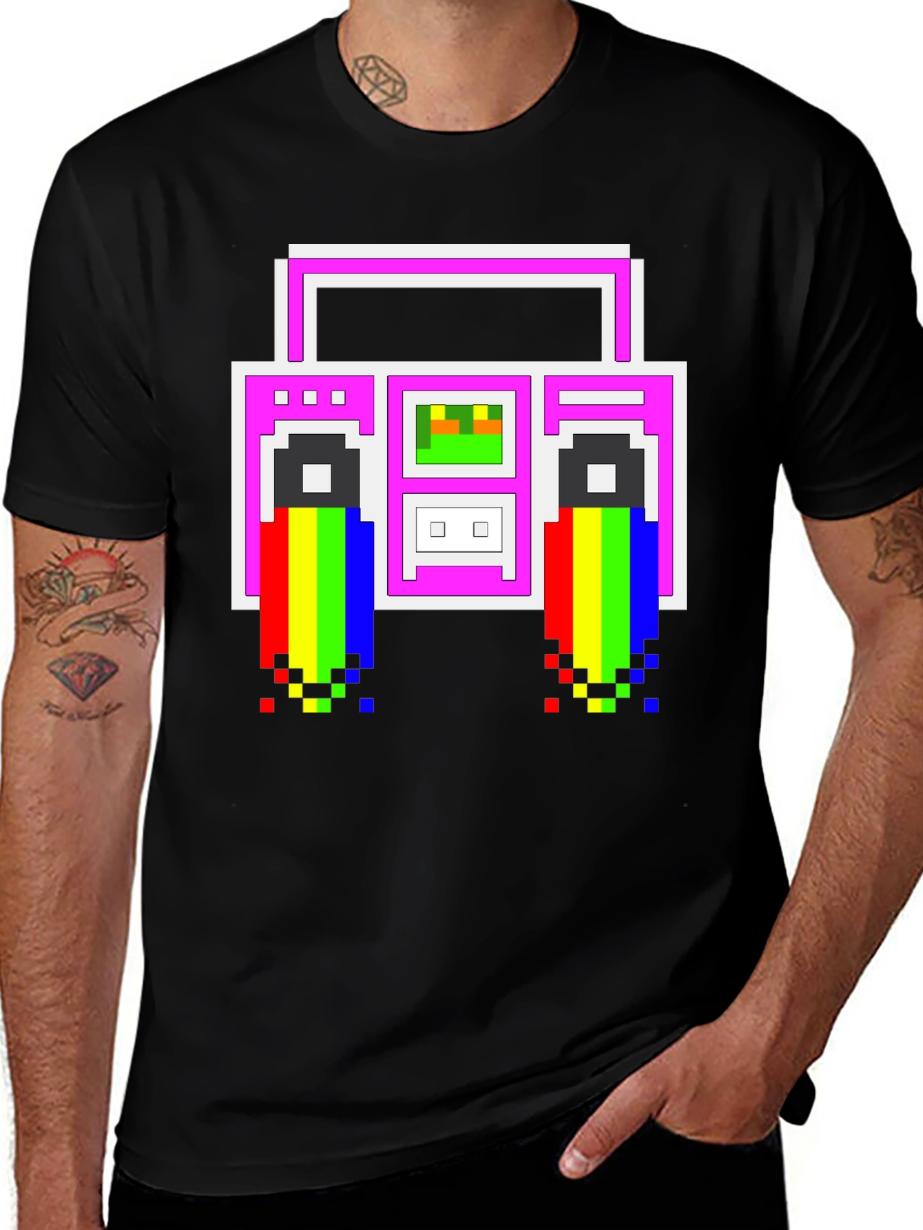 Retro 8-Bit Boombox Graphic T-Shirt - Black