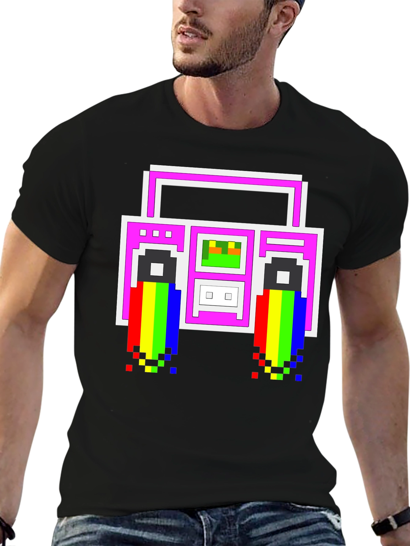 Retro 8-Bit Boombox Graphic T-Shirt - Black