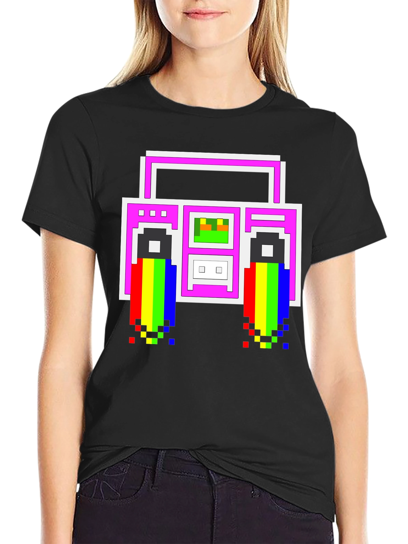 Retro 8-Bit Boombox Graphic T-Shirt - Black