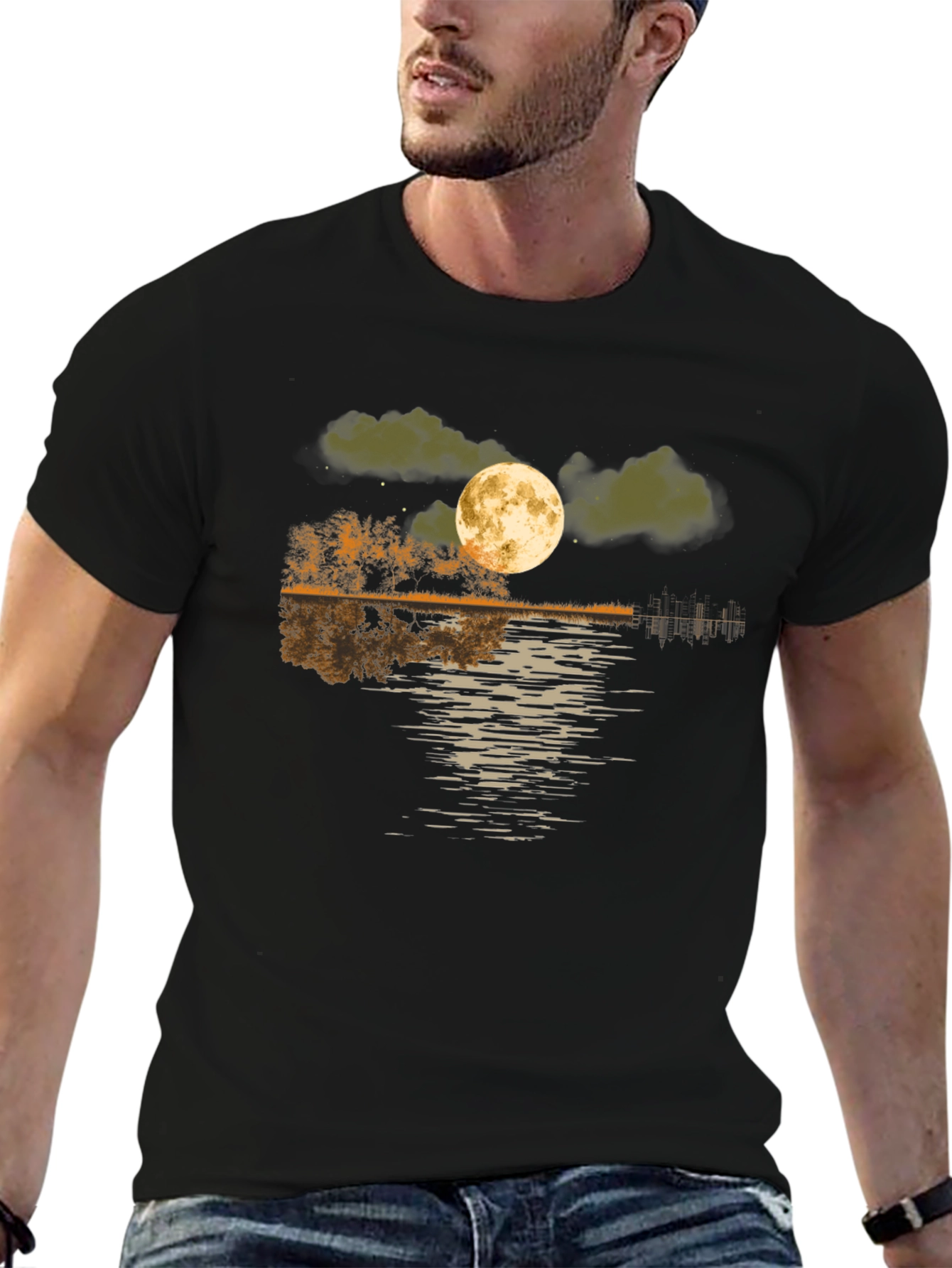 Moonlit Lake Graphic Tee - Soft Black Cotton