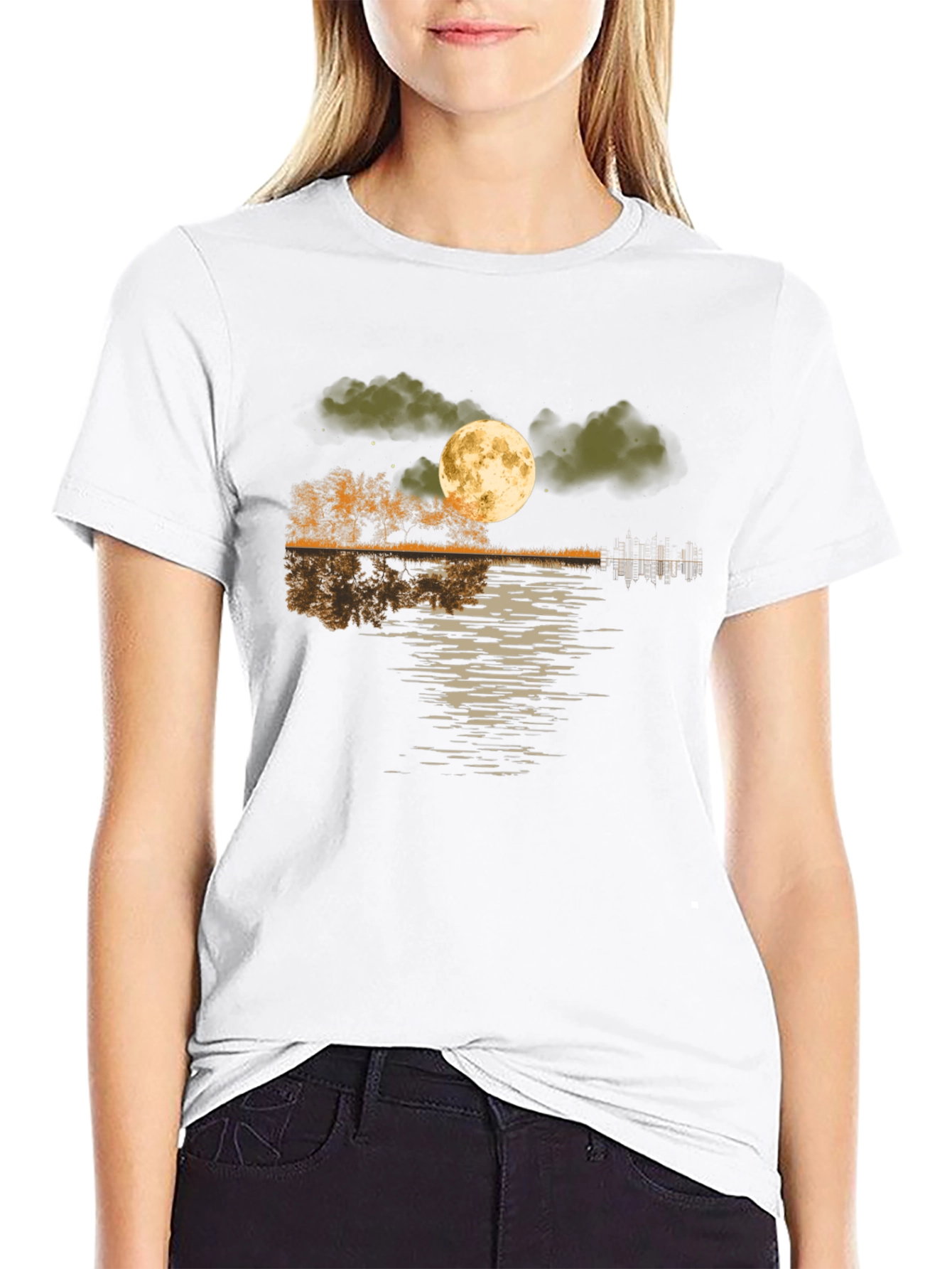 Moonlit Lake Graphic Tee - Soft Black Cotton