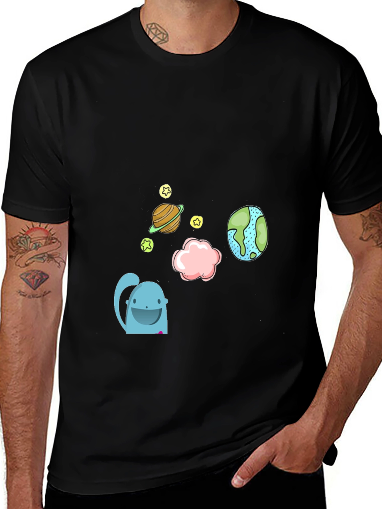 Cartoon Space Graphic Black T-Shirt