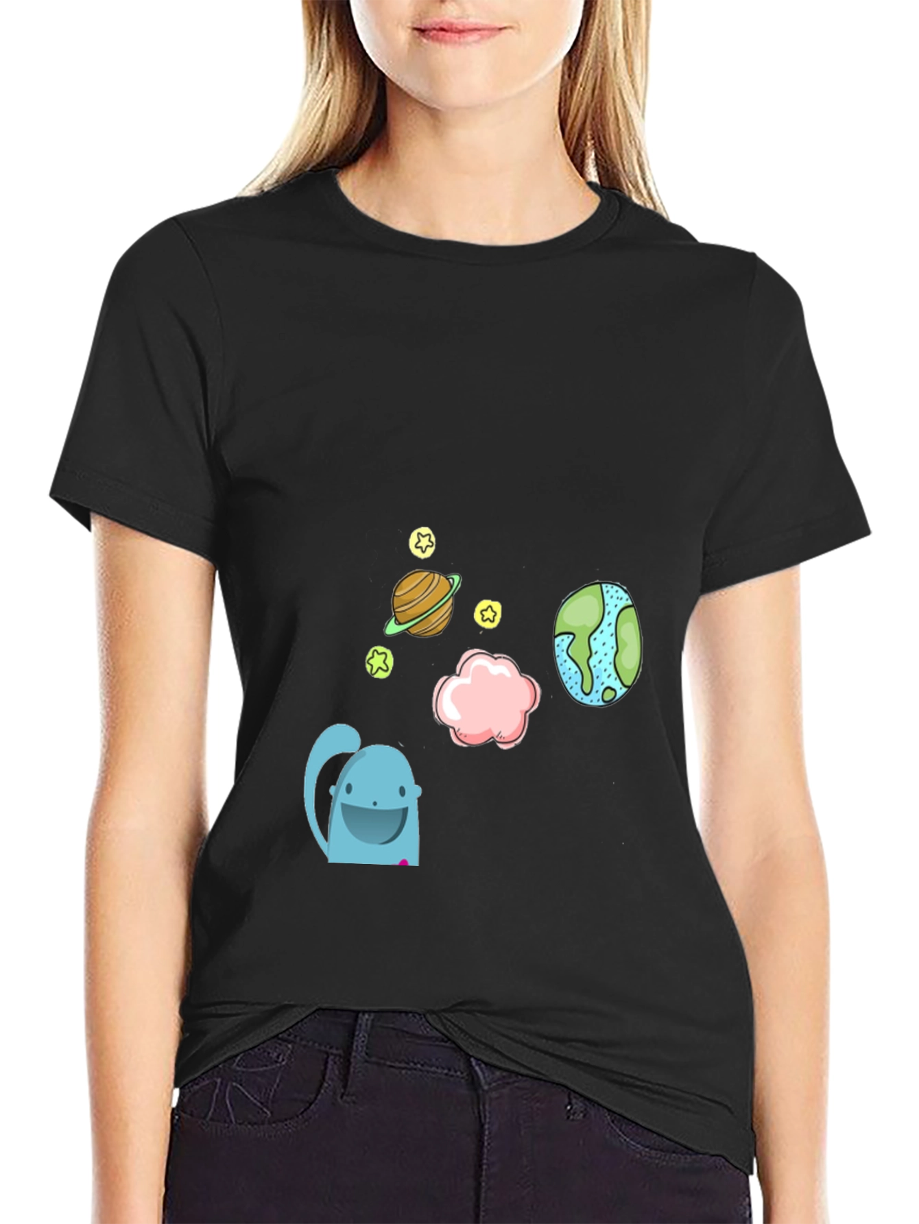 Cartoon Space Graphic Black T-Shirt