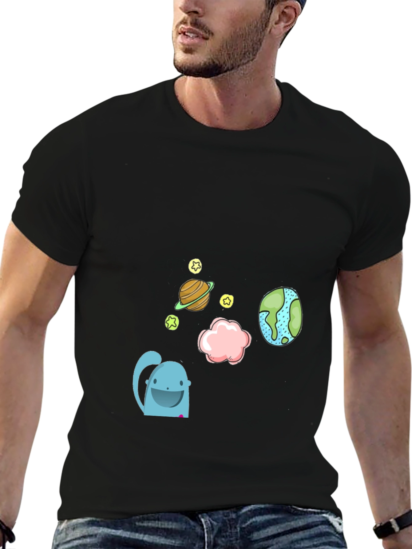 Cartoon Space Graphic Black T-Shirt