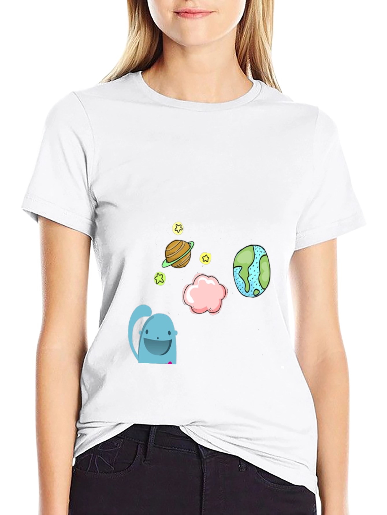 Cartoon Space Graphic Black T-Shirt