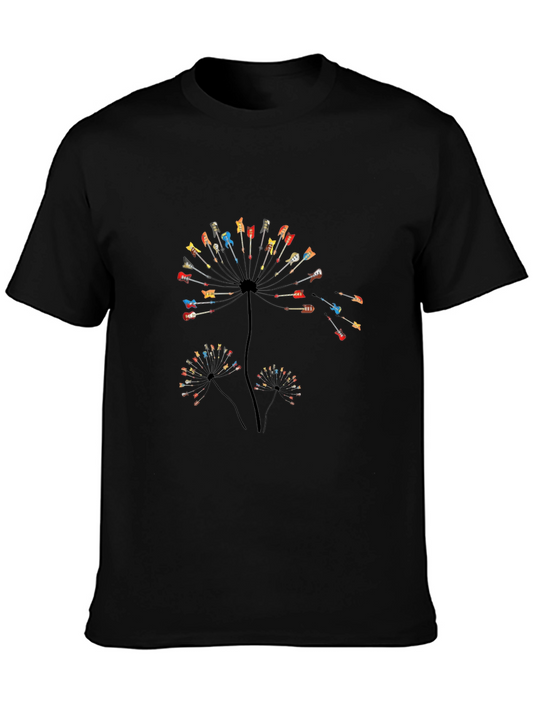 Guitar Dandelion Graphic Tee - Black Cotton Casual Shirt