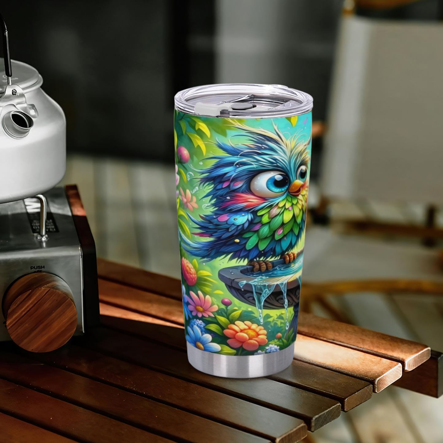 Whimsical Rainbow Fluffy Owl Floral Garden Cute Tumbler
