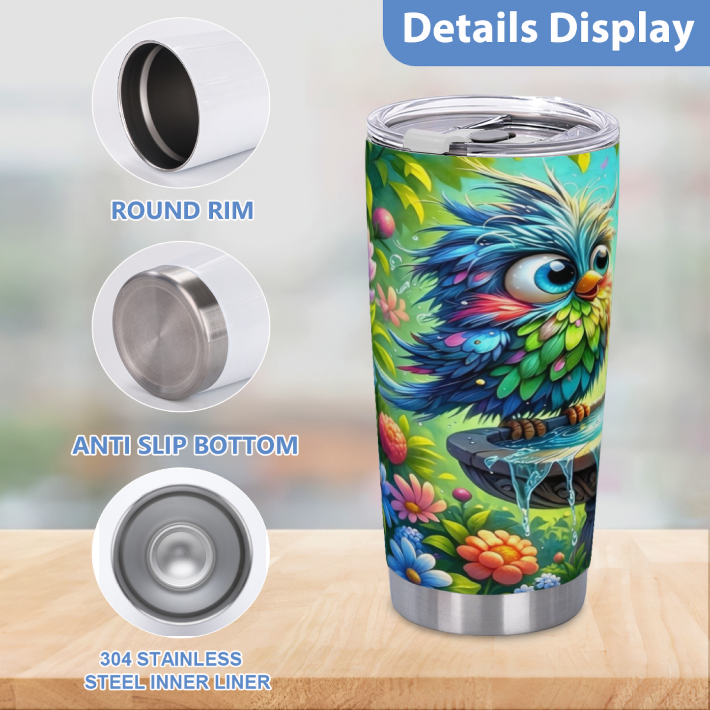 Whimsical Rainbow Fluffy Owl Floral Garden Cute Tumbler