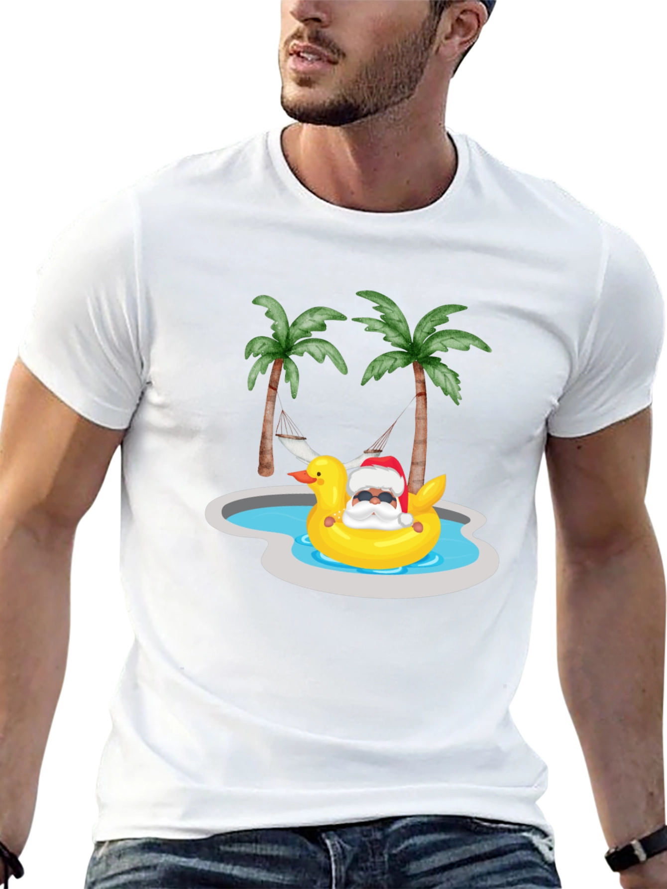 Tropical Santa Duck Pool Summer Black T-Shirt