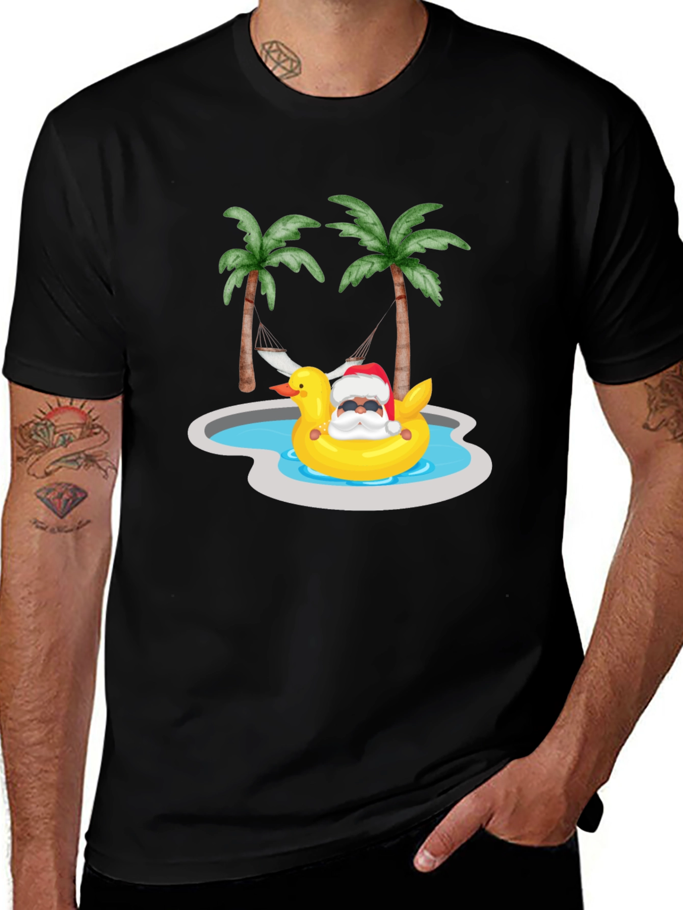 Tropical Santa Duck Pool Summer Black T-Shirt