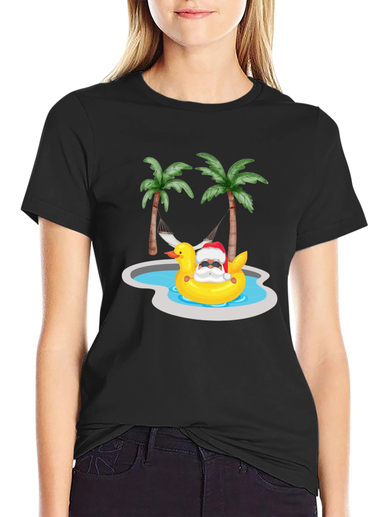 Tropical Santa Duck Pool Summer Black T-Shirt