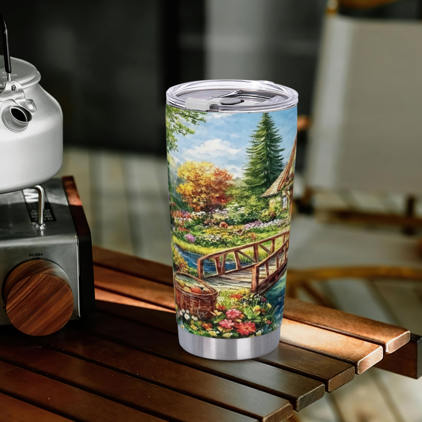 Colorful Autumn Creek Wooden Bridge Country Cottage Tumbler
