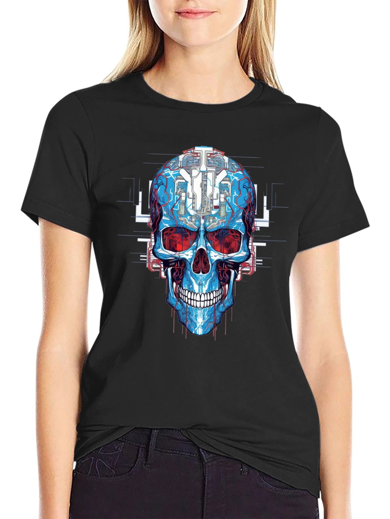 Cyberpunk Skull Graphic Tee - Futuristic Design