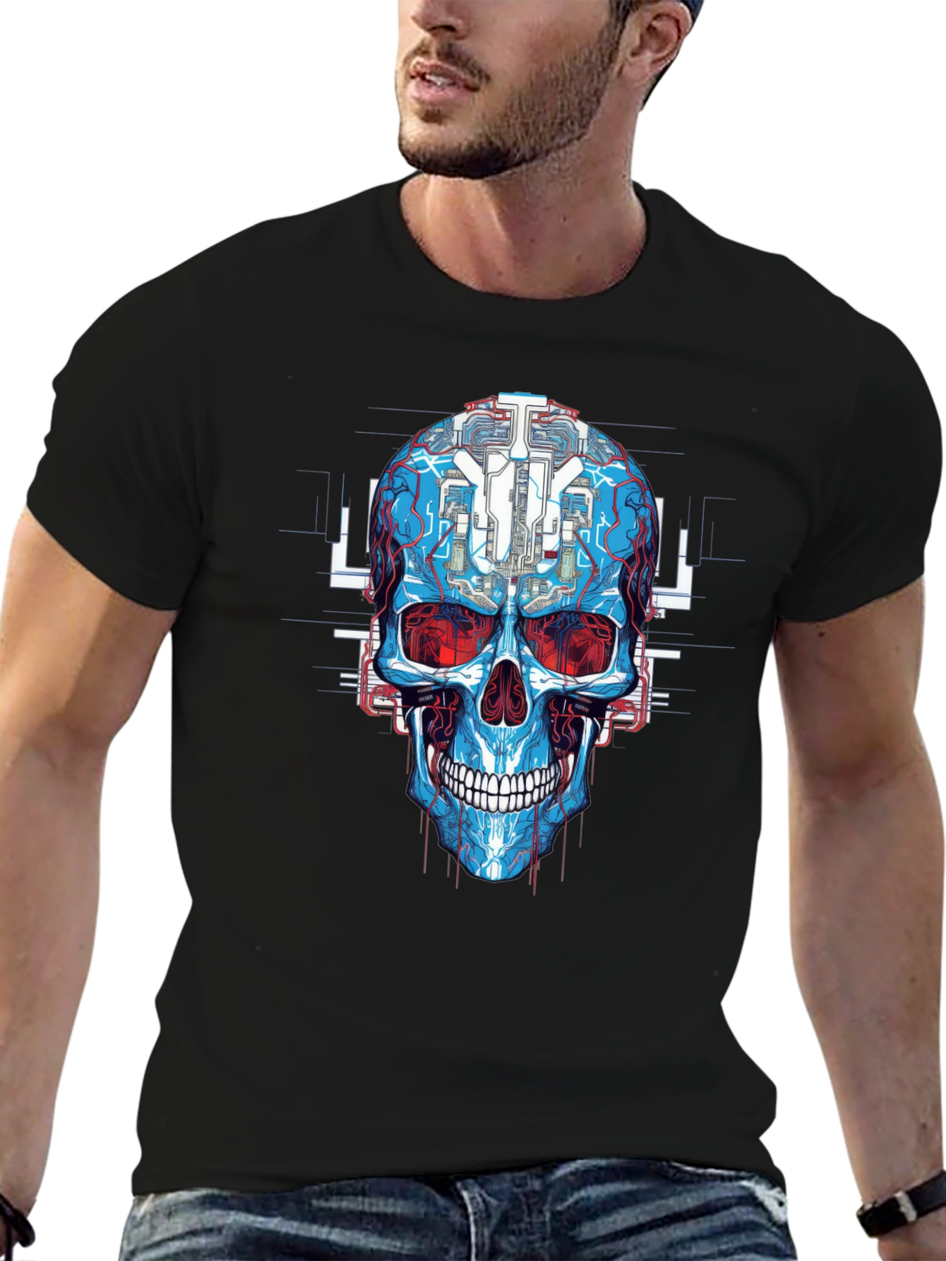 Cyberpunk Skull Graphic Tee - Futuristic Design