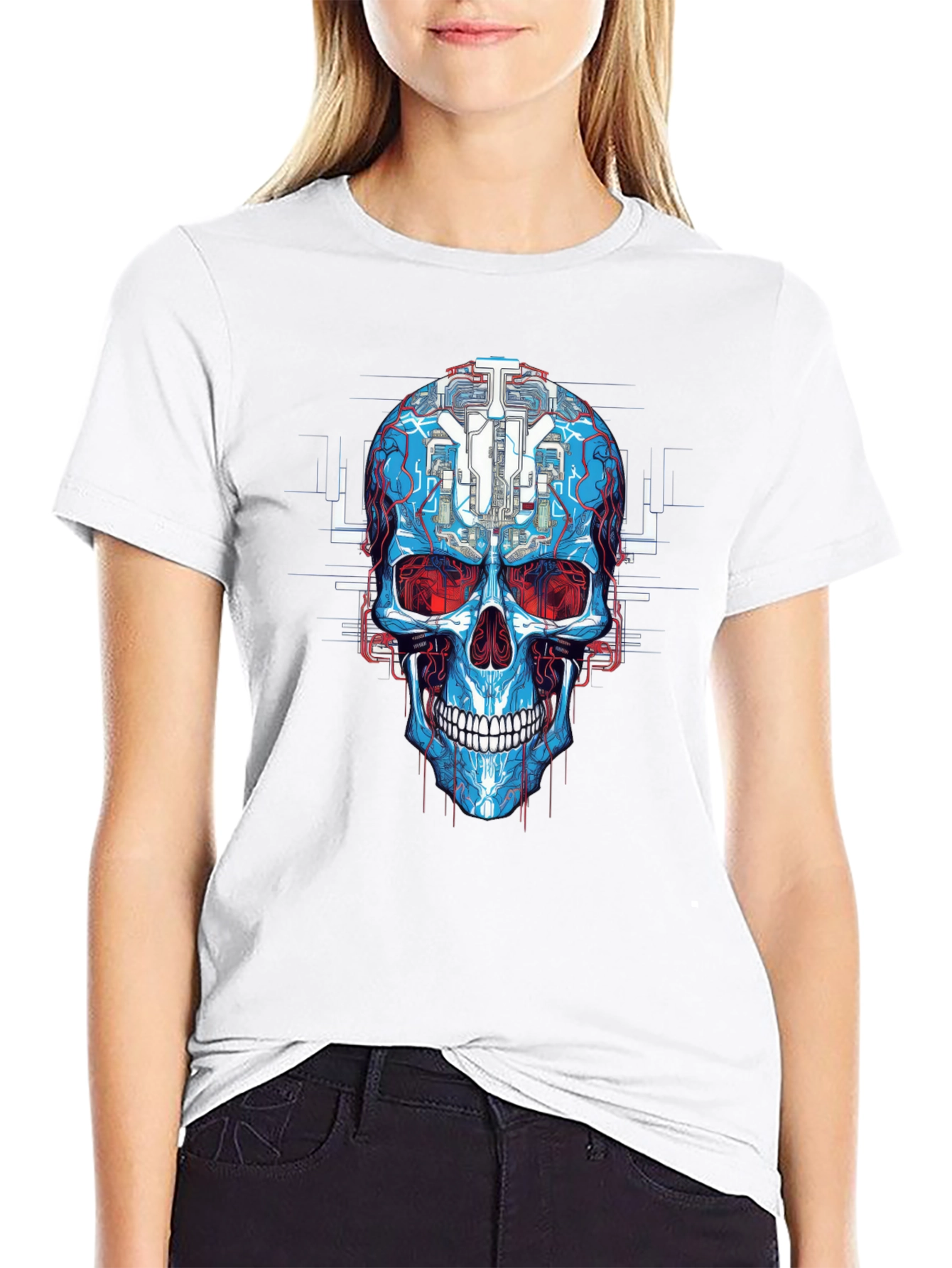 Cyberpunk Skull Graphic Tee - Futuristic Design