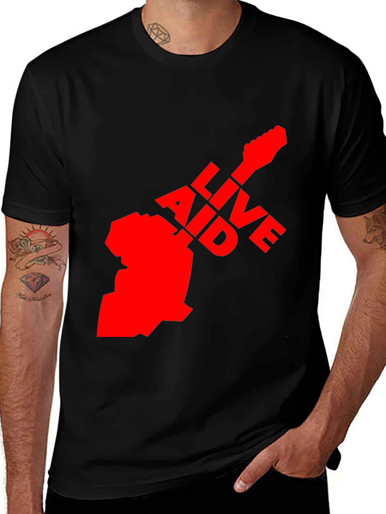 Live Aid Guitar Graphic Tee - Black Cotton