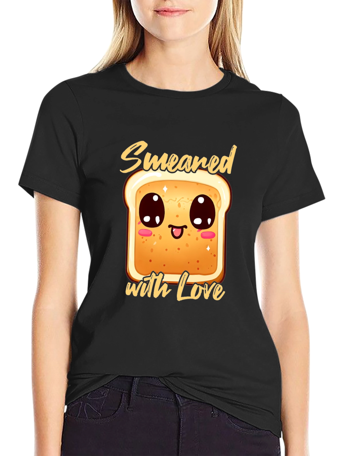 Cute Smear Bread with Love Black T-Shirt