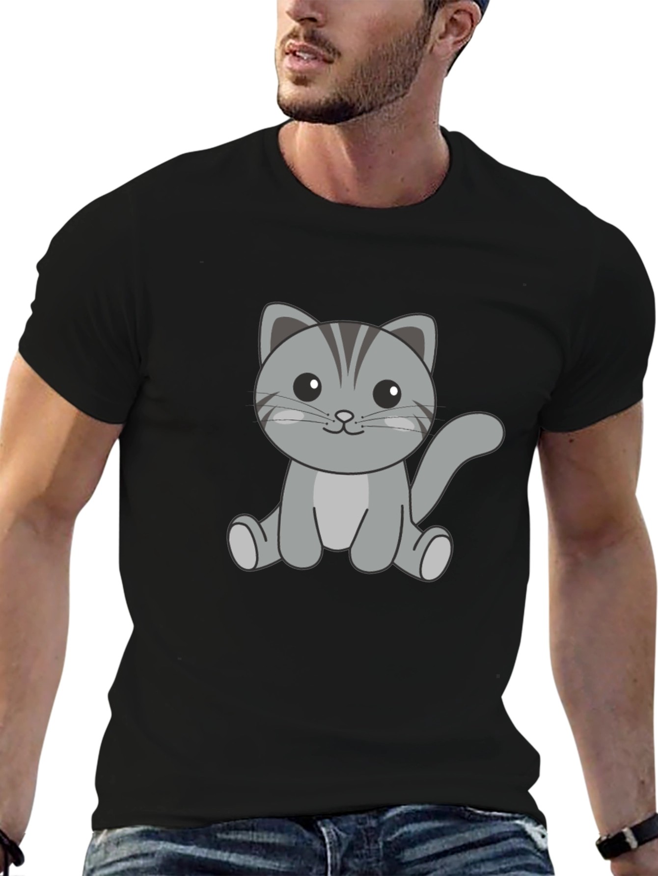 Cute Cat Graphic Print Black T-Shirt