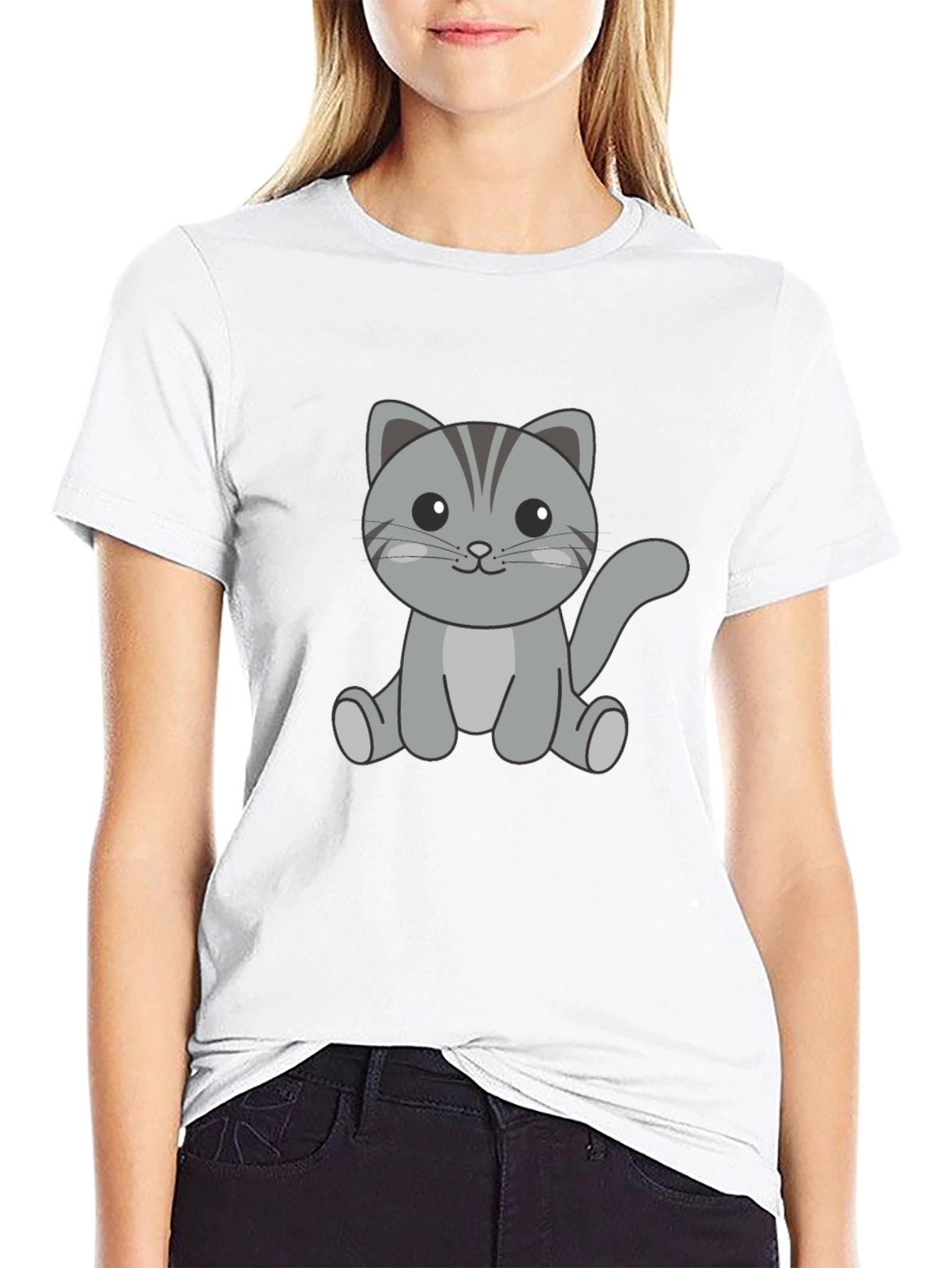 Cute Cat Graphic Print Black T-Shirt