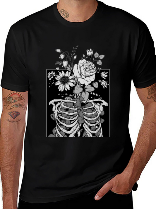 Floral Rib Cage Graphic Tee - Dark Humor Fashion