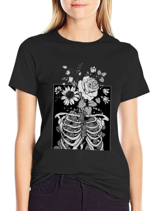 Floral Rib Cage Graphic Tee - Dark Humor Fashion