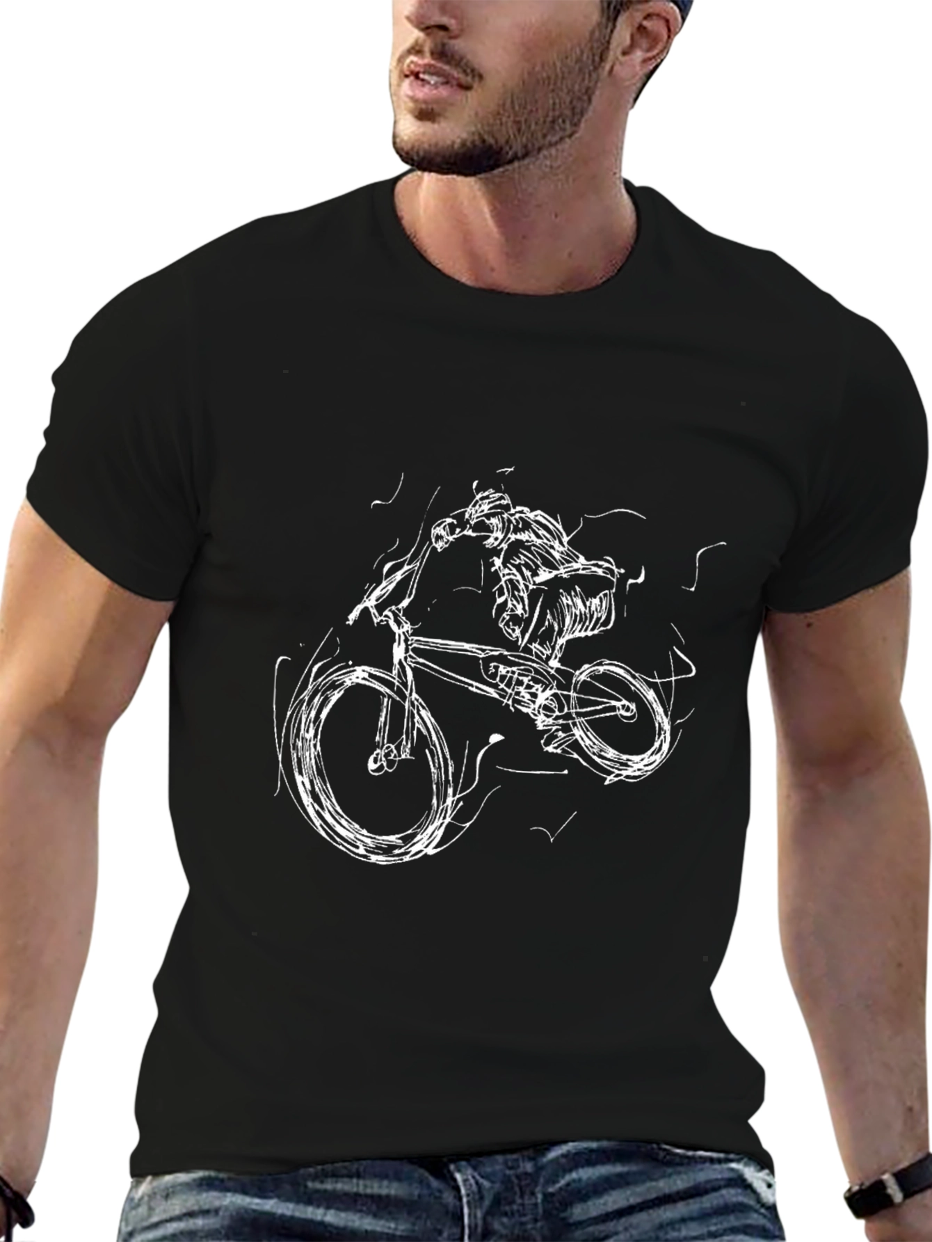 Mens Black Graphic Tee: Biker Scribble Design