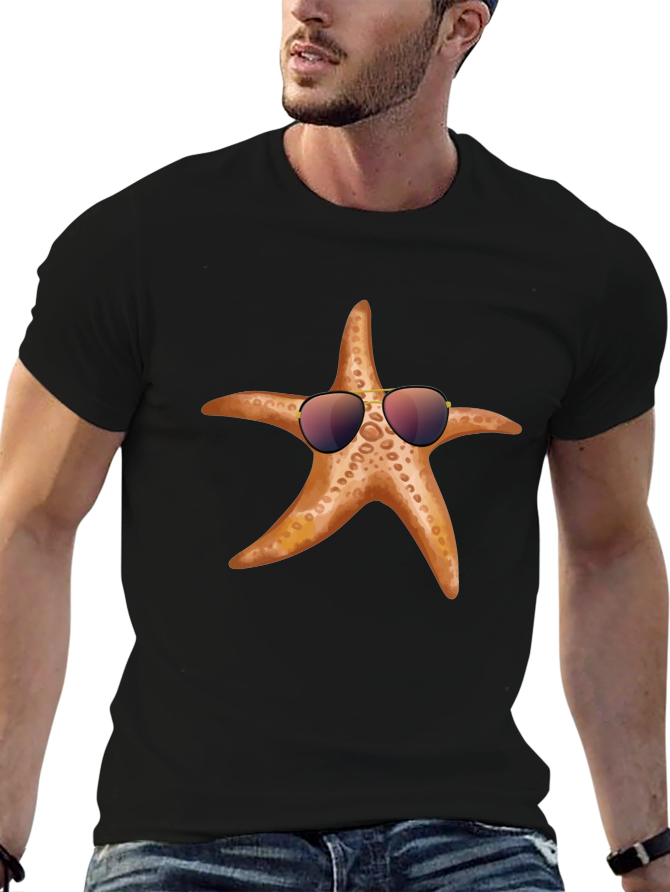 Cool Starfish Graphic Tee - Black Cotton T-Shirt