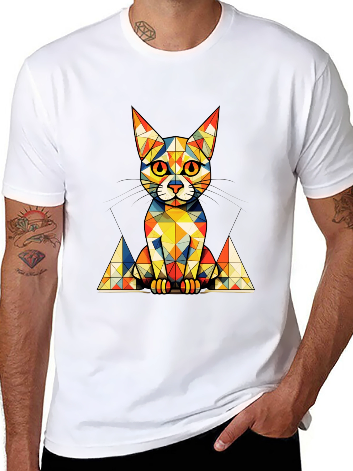 Geometric Cat Graphic Tee - Stylish Mens Black T-Shirt