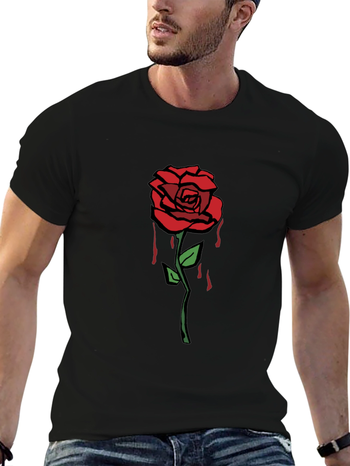 Mens Black Graphic T-Shirt - Red Rose Design
