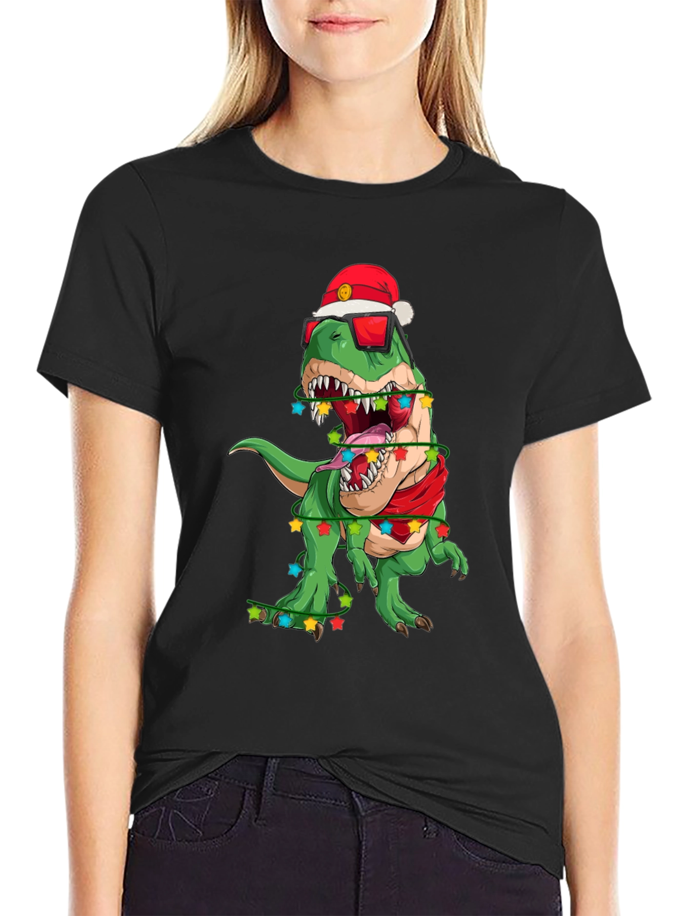 Festive Dinosaur T-Shirt: Holiday T-Rex in Santa Hat
