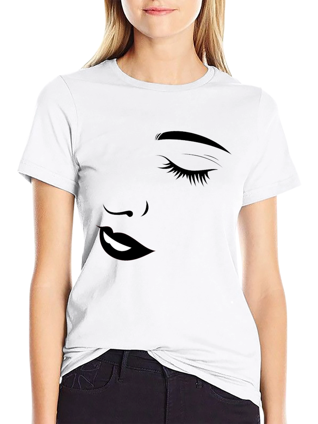 Stylish Black Graphic Tee - Woman Face Design