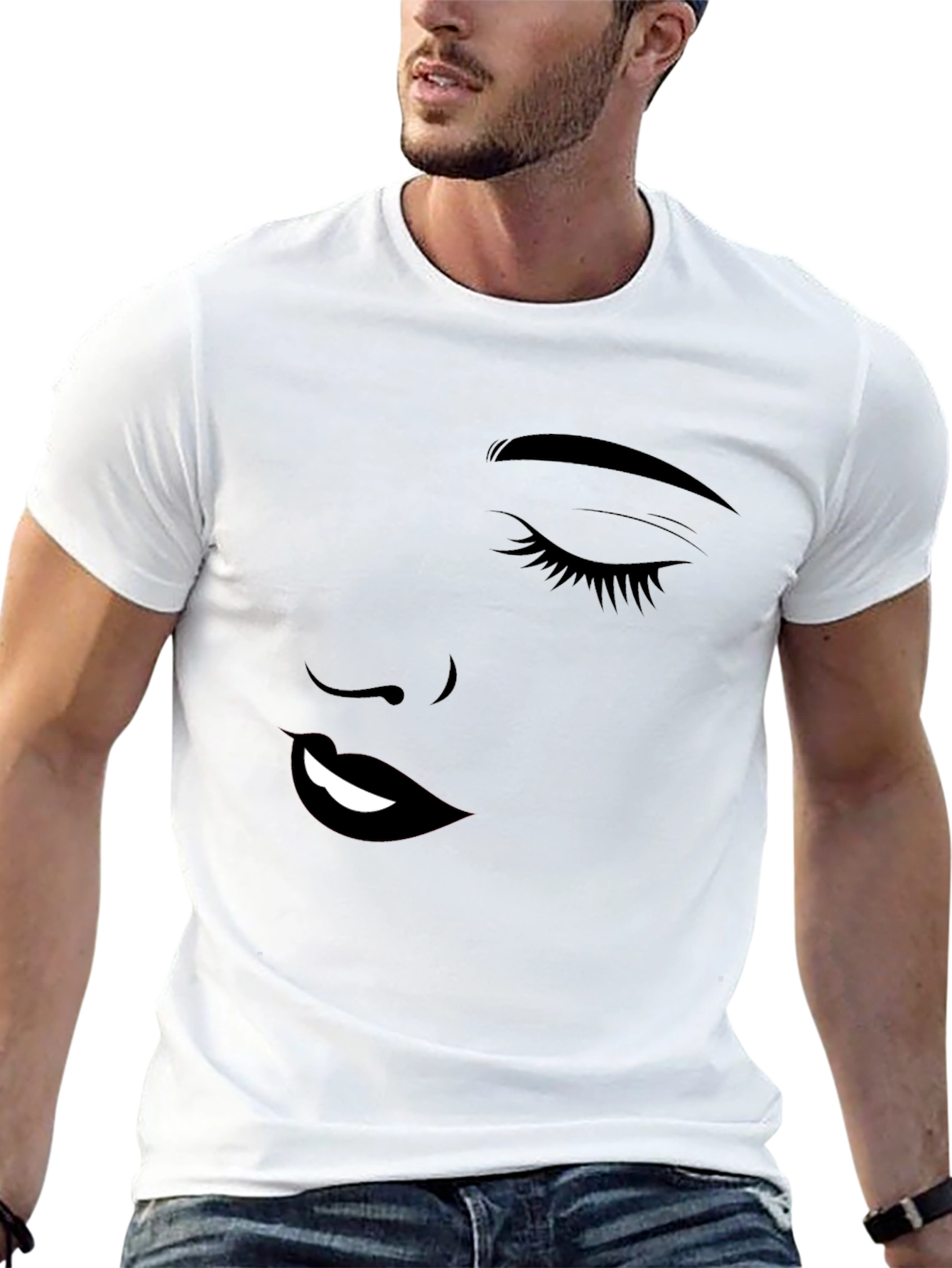 Stylish Black Graphic Tee - Woman Face Design