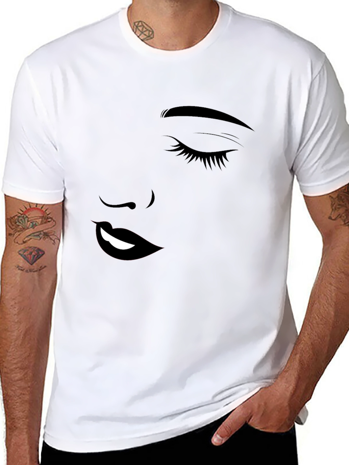 Stylish Black Graphic Tee - Woman Face Design