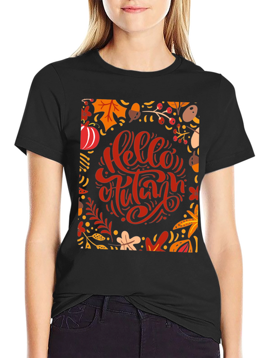 Hello Autumn Graphic Tee - Black Cotton T-Shirt