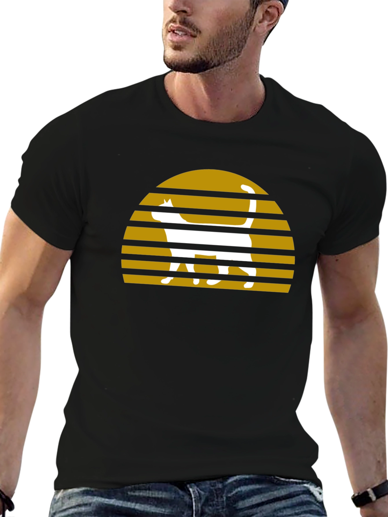 Retro Cat Sunset Graphic T-Shirt - Black