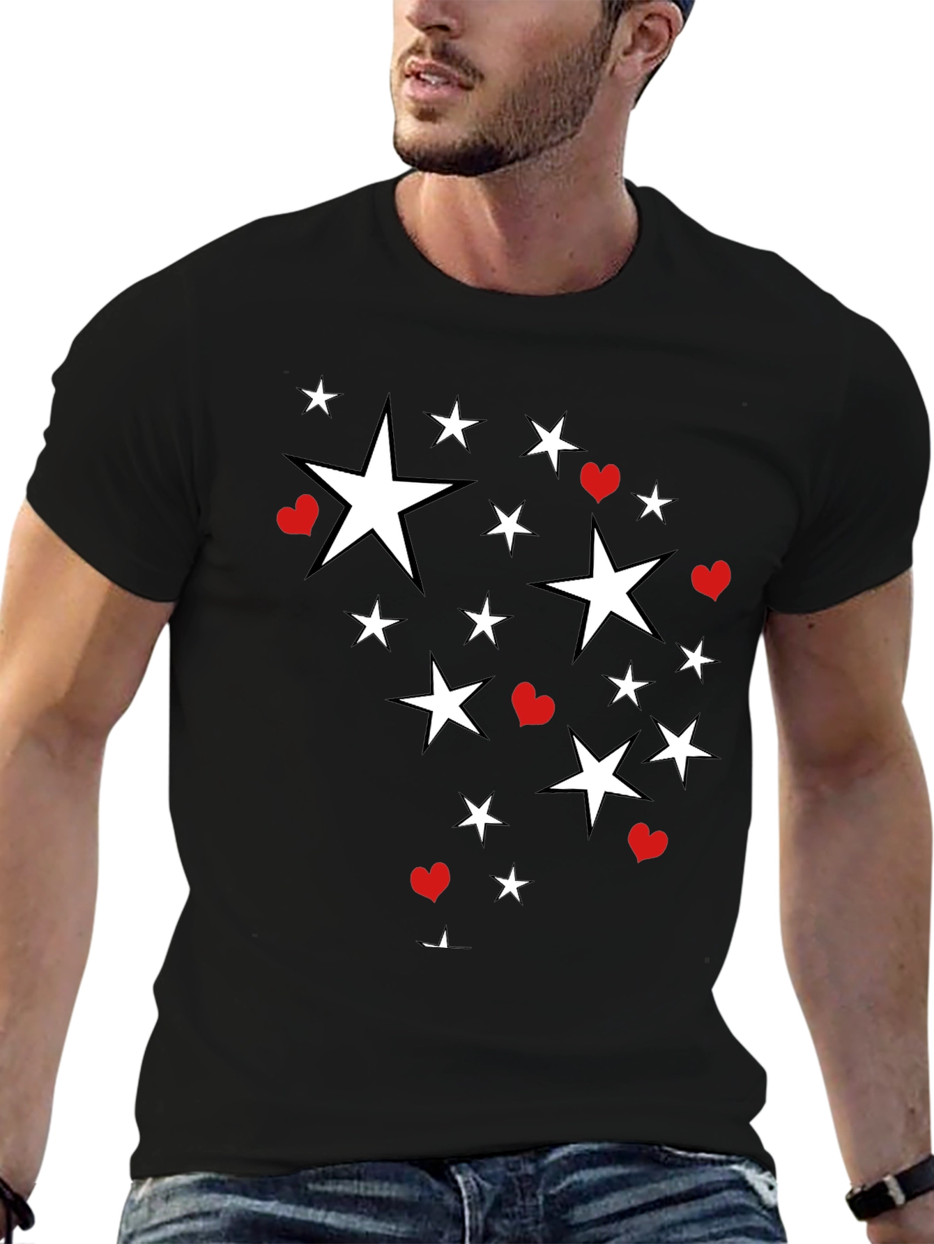 Star & Heart Graphic Print Black T-Shirt