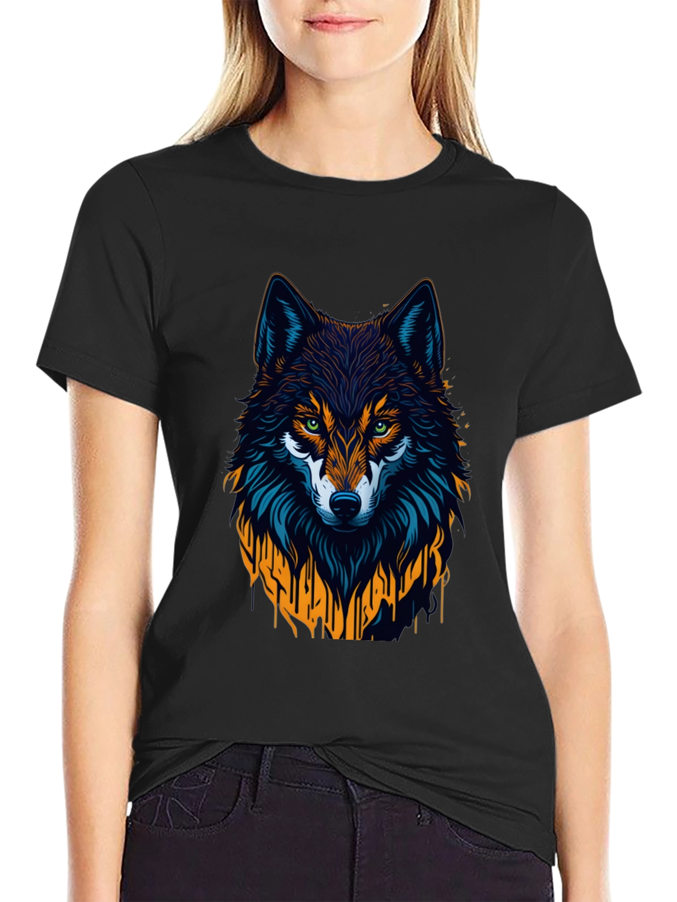 Wolf Graphic Print Tee - Black Crew Neck T-Shirt