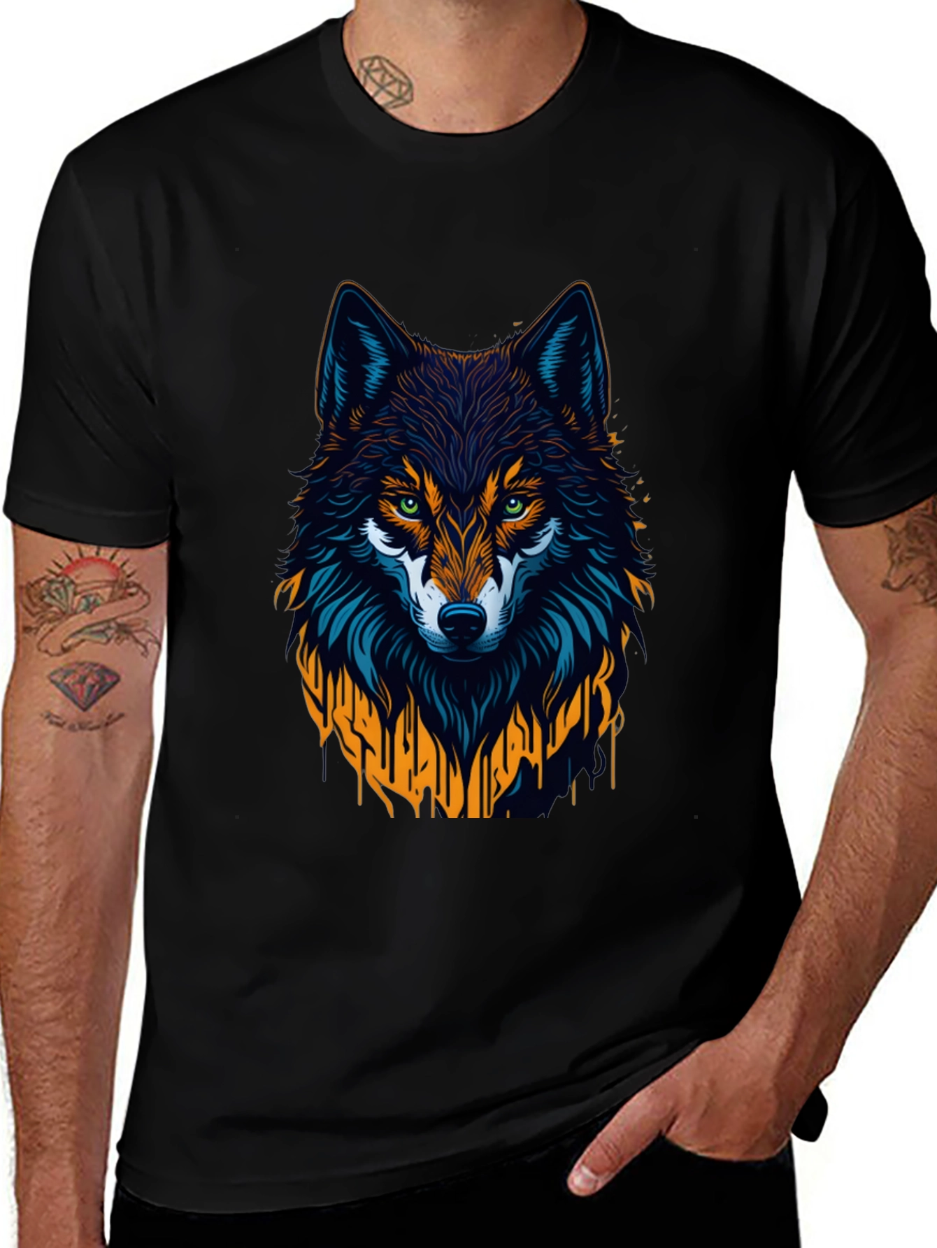 Wolf Graphic Print Tee - Black Crew Neck T-Shirt