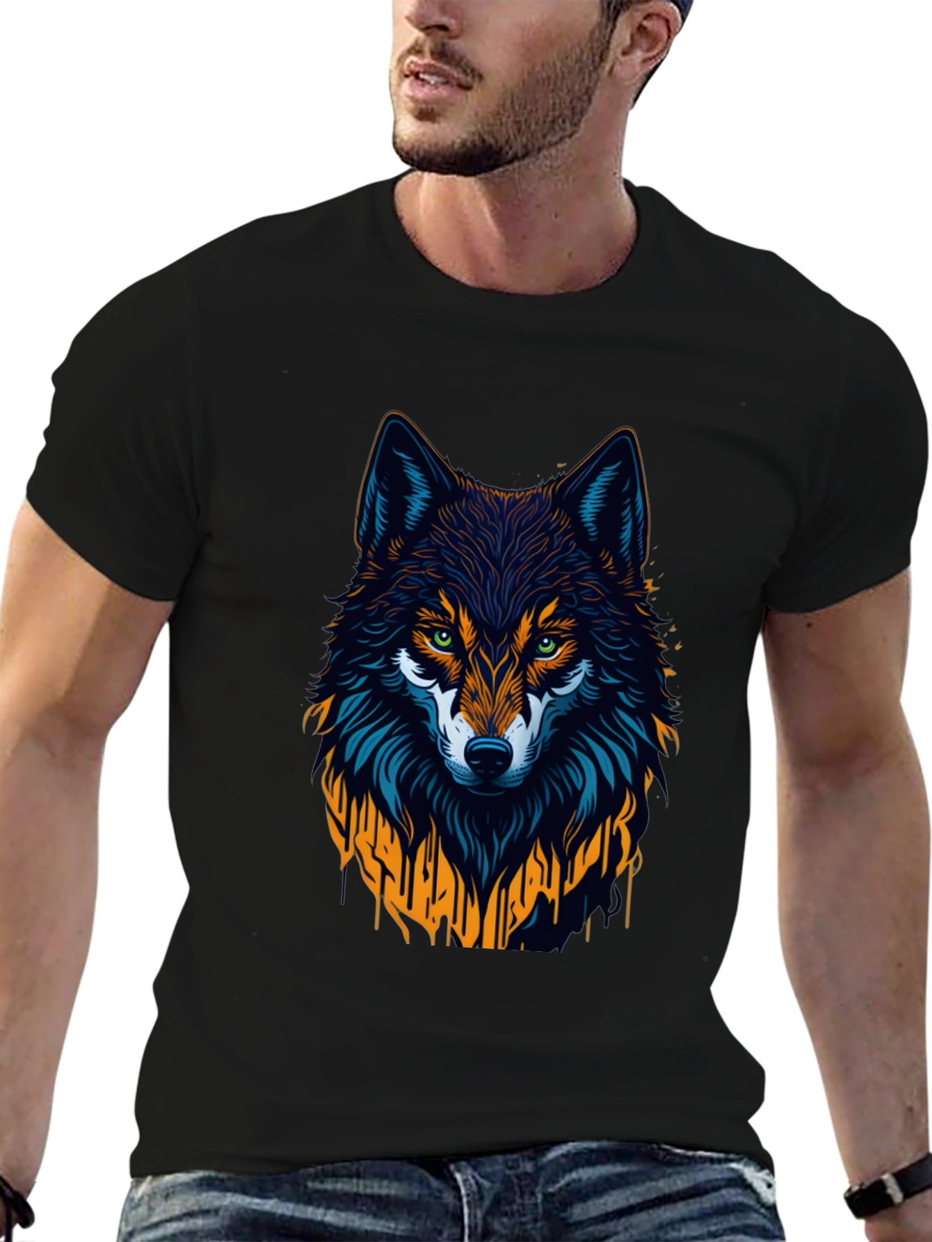 Wolf Graphic Print Tee - Black Crew Neck T-Shirt