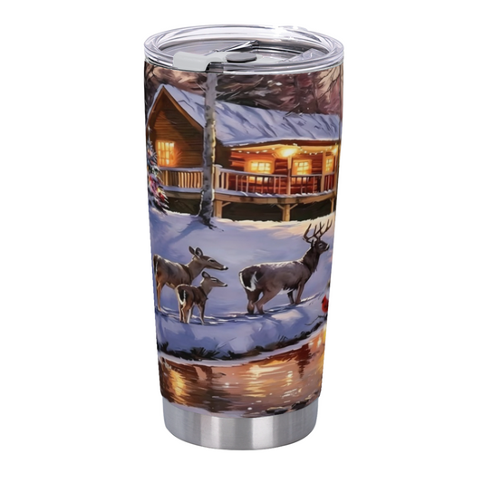 Snowy Winter Log Cabin Wild Deer Forest 20oz Tumbler